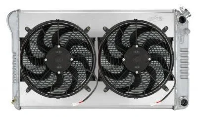 Cold-Case Aluminum Radiator & Fan Kit – 34.21 in W x 18.82 in H x 3 in D – Polished – Auto – GM LS-Series – GM A-Body 1968-77