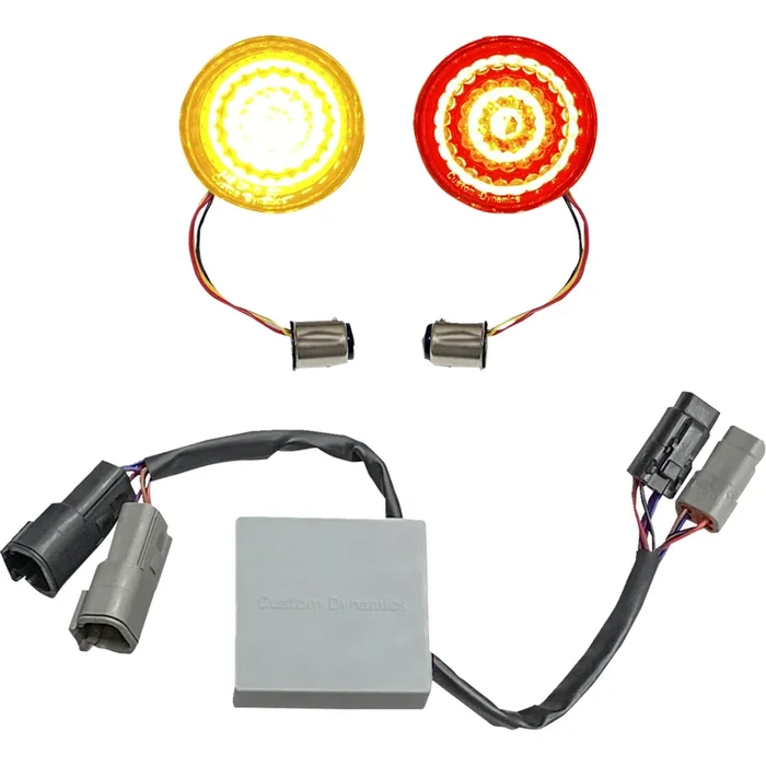 CUSTOM DYNAMICS 2020-2123 CD-STS-BRK SMART LED 1157 Bullet Turn Signals with Controller – Solid Amber Turn, Red Run/Brake w/ Brake Strobe for Softail
