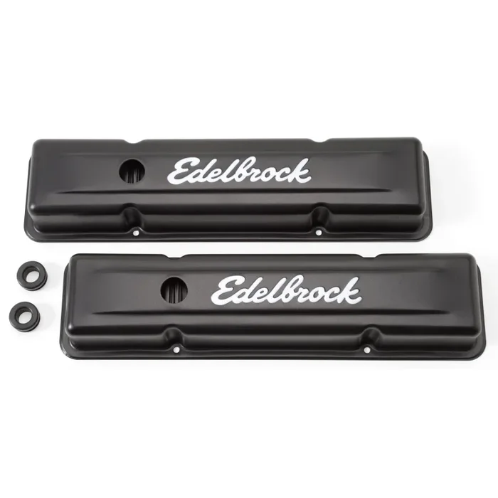Edelbrock Signature Series Short Valve Cover – Baffled – Breather Hole – Grommets – Edelbrock Logo – Black Powder Coat – Small Block Chevy – Pair