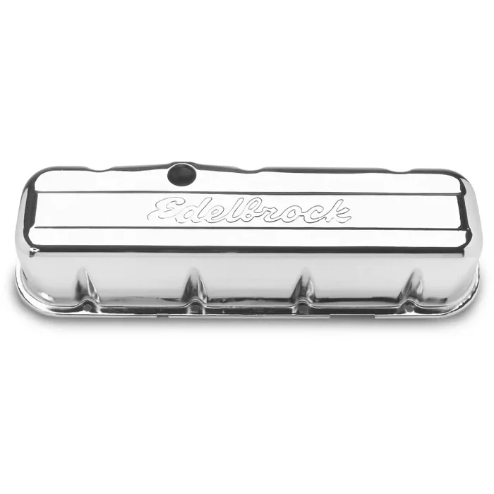 Edelbrock Signature Series Tall Valve Cover – Baffled – Breather Hole – Grommets – Edelbrock Logo – Chrome – Big Block Chevy – Pair