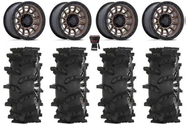 Fuel Cycle 15″ Wheels Bronze +38mm 33″ Outlaw Max Tires Kawasaki Mule Pro FXT KRX / Yamaha Wolverine RMAX / YXZ 2019+