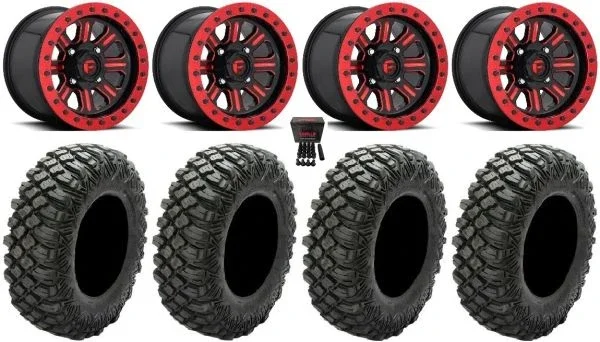 Fuel Hardline Beadlock 15″ Wheels Red 28″ Crawler XG Tires Can-Am Maverick X3 / Honda Pioneer 1000 / Talon