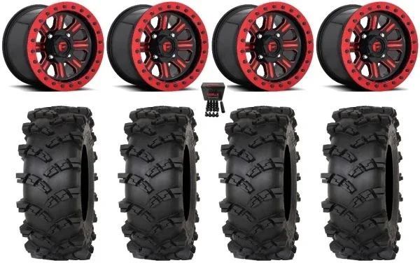 Fuel Hardline Beadlock 15″ Wheels Red 33″ Outlaw M/T Tires Can-Am Commander Maverick Renegade Outlander Defender
