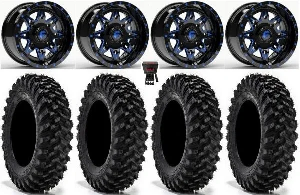Fuel Lethal 14″ Wheels Blue 30″ Warrior XT Tires Kawasaki Mule Pro FXT KRX / Yamaha Wolverine RMAX / YXZ 2019+