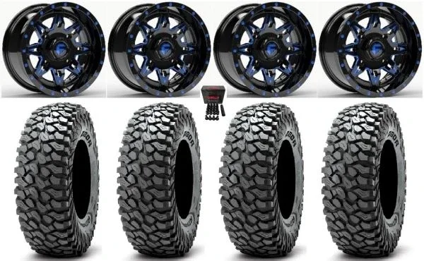 Fuel Lethal 15″ Wheels Blue 35″ RocScraper Sticky Tires Kawasaki Teryx Mule