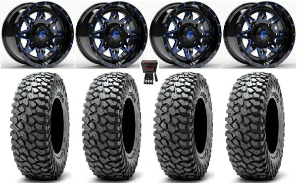 Fuel Lethal 15″ Wheels Blue 37″ RocScraper Tires Kawasaki Mule Pro FXT KRX / Yamaha Wolverine RMAX / YXZ 2019+