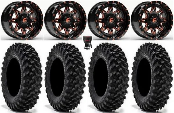 Fuel Lethal 15″ Wheels Orange 32″ Warrior XT Sticky Tires Kawasaki Mule Pro FXT KRX / Yamaha Wolverine RMAX / YXZ 2019+