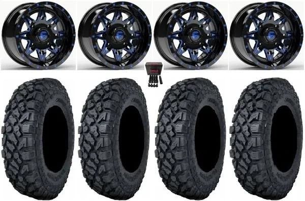 Fuel Lethal Blue 14″ Wheels 32″ Klever X/T Tires Kawasaki Mule Pro FXT KRX / Yamaha Wolverine RMAX / YXZ 2019+