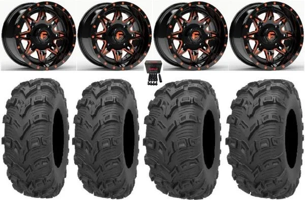 Fuel Lethal Orange 14″ Wheels 28″ Bear Claw EVO Tires Kawasaki Mule Pro FXT KRX / Yamaha Wolverine RMAX / YXZ 2019+