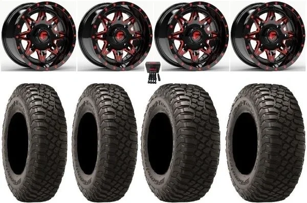 Fuel Lethal Red 14″ Wheels 29″ BFG KM3 Tires Kawasaki Mule Pro FXT KRX / Yamaha Wolverine RMAX / YXZ 2019+