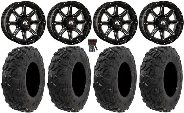 High Lifter HL4 14″ Wheels Machined 28″ Harvester Tires Kawasaki Teryx Mule