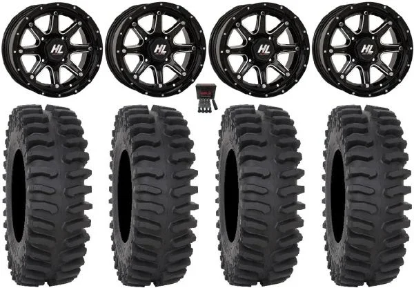 High Lifter HL4 14″ Wheels Machined 28″ XT400 Tires Kawasaki Teryx Mule