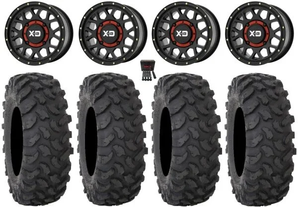KS135 Grenade 14″ Wheels Black +38mm 28″ XTR370 Tires Can-Am Maverick X3 / Honda Pioneer 1000 / Talon