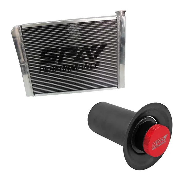 Lightweight Late Model Radiator – Double Pass – 26.8 ” x 19.6 ” + Remote Fill Tank – Red Cap