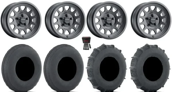 Method 414 15″ Wheels Bk +38mm/+25mm 33″ Sand SS Tires CFMoto UForce U10 Pro / U10 XL Pro / ZForce Z10 / Z10-4