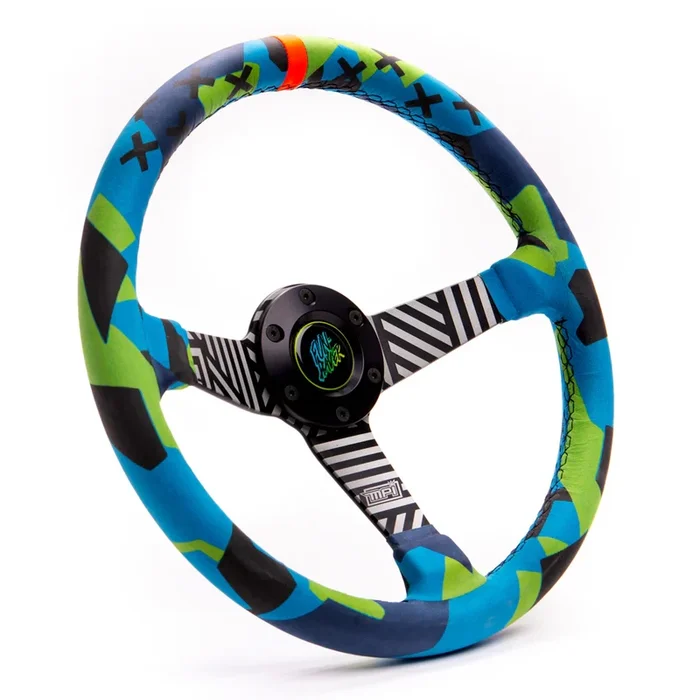 MPI Vaughn Gittin Jr. Drift Steering Wheel – 13.75 ” Diameter – 3 Spoke – 2.36 ” Dish – Blue/Green Suede Grip – Orange Stripe – Center Cap – Aluminum – Black/White
