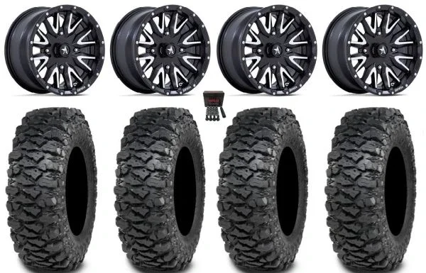 MSA Creed 15″ Wheels Machined 32″ Savage XT Tires Can-Am Commander Maverick Renegade Outlander Defender