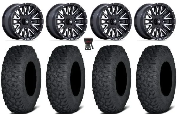 MSA Creed 15″ Wheels Machined 33″ Coyote Tires Kawasaki Mule Pro FXT KRX / Yamaha Wolverine RMAX / YXZ 2019+
