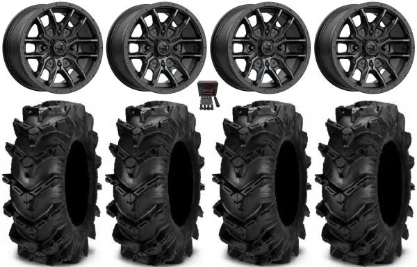 MSA Fang 14″ Wheels Black 28″ Cryptid Tires Kawasaki Mule Pro FXT KRX / Yamaha Wolverine RMAX / YXZ 2019+