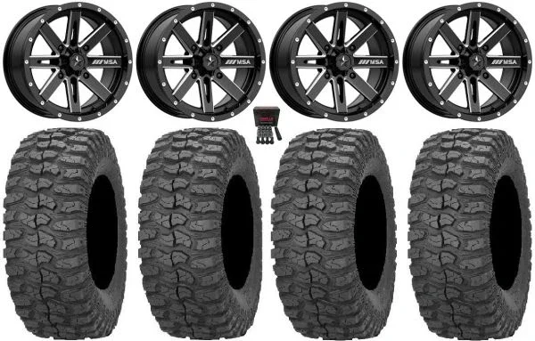 MSA Milled Boxer 14″ UTV Wheels 32″ Rock-A-Billy Tires Kawasaki Mule Pro FXT KRX / Yamaha Wolverine RMAX / YXZ 2019+