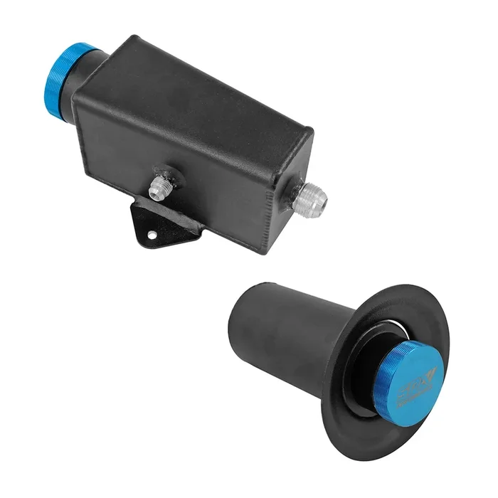 Power Steering Tank Firewall Mount (Right Inlet) + Remote Fill Tank – Blue Cap