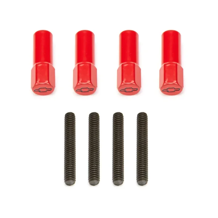 Proform Valve Cover Mini Nut – 1/4-20 in Thread – 3-1/4 in Long – Bowtie Logo – Red (Set of 4)