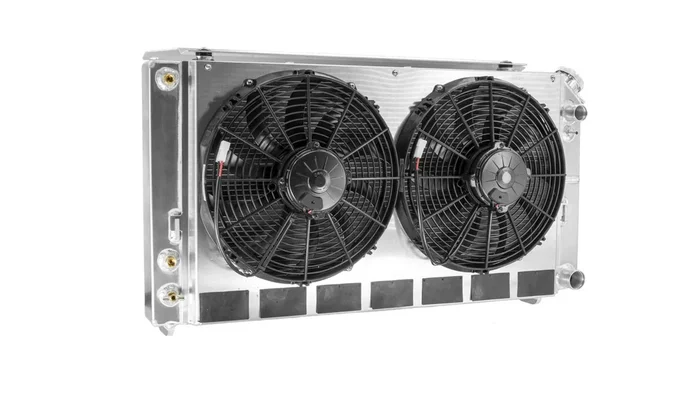 PWR Aluminum Radiator & Fan Kit w/ Oil Cooler- 33.25 in W x 18.75 in H x 7 in D – GM LS-Series – GM A-Body 1968-72