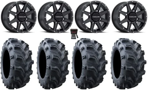Raceline Hostage 14″ Wheels Black 27″ Vampire II Tires Kawasaki Mule Pro FXT KRX / Yamaha Wolverine RMAX / YXZ 2019+