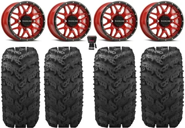 Raceline Krank 14″ Red Wheels 27″ Reptile Tires Kawasaki Mule Pro FXT KRX / Yamaha Wolverine RMAX / YXZ 2019+