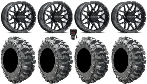 Raceline Krank 14″ Wheels Black 27″ Bogger Tires Honda Rincon Yamaha Rhino Kawasaki Brute Force Suzuki KingQuad