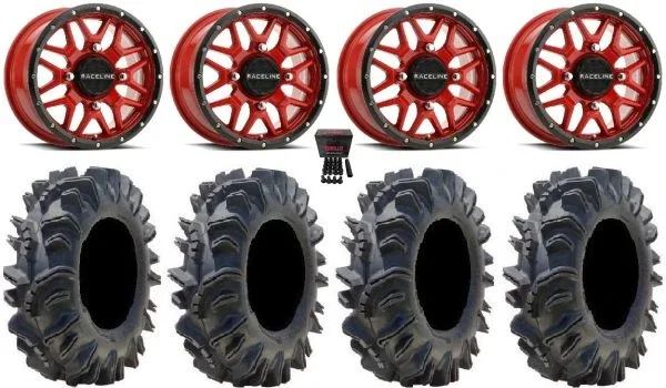 Raceline Krank 14″ Wheels Red 26.5″ Terminator Tires Yamaha Viking Wolverine YXZ1000R CFMoto ZForce 950 UForce 1000