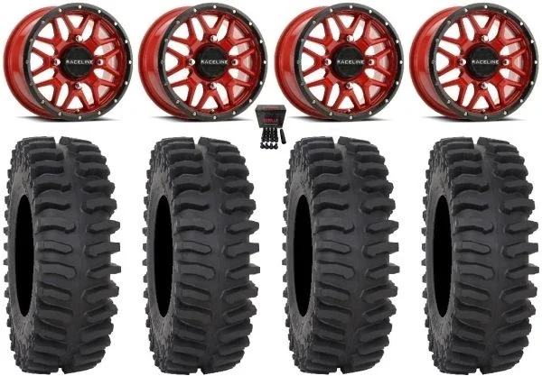 Raceline Krank 15″ Wheels Red 30″ XT400 Tires Can-Am Maverick X3 / Honda Pioneer 1000 / Talon