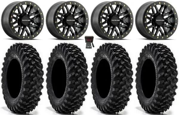 Raceline Ryno Bdlk 15″ Wheels Bk 30″ Warrior XT Tires Kawasaki Mule Pro FXT KRX / Yamaha Wolverine RMAX / YXZ 2019+