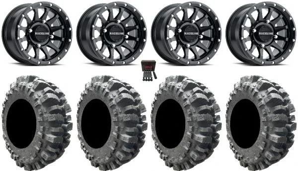 Raceline Trophy 14″ Wheels Black +38mm/+10mm 27″ Bogger Tires Can-Am Defender
