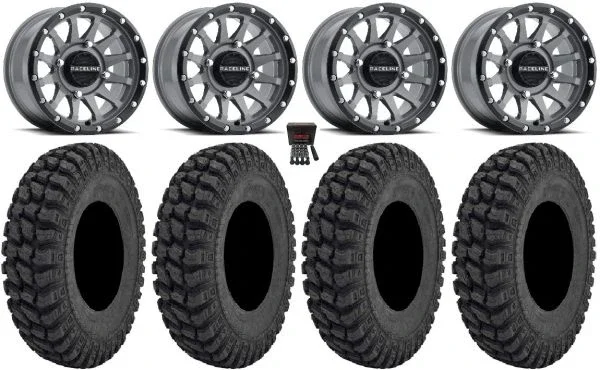 Raceline Trophy 14″ Wheels Grey 28″ Warrior AT Tires Can-Am Maverick X3 / Honda Pioneer 1000 / Talon
