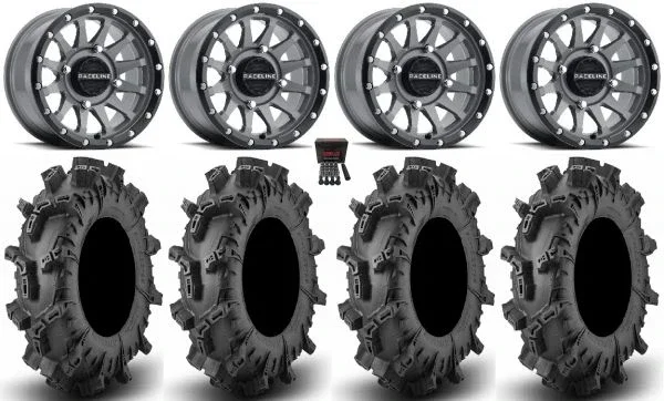 Raceline Trophy 14″ Wheels Grey 30″ Terminator Max Tires HondaRincon YamahaRhino Kawasaki BruteForce Suzuki KingQuad