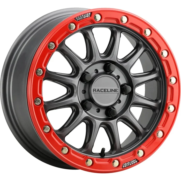 RACELINE WHEELS 0230-1574 A14GR-57037+10 Alpha Beadlock Wheel Wheel – Alpha – Front/Rear – Gun Metal/with Red Ring – 15×7 – 4/137 – +10 mm