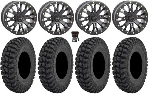 System 3 SB-4 14″ Wheels Black (4+3) 28″ Warrior AT Tires Can-Am Maverick X3 / Honda Pioneer 1000 / Talon