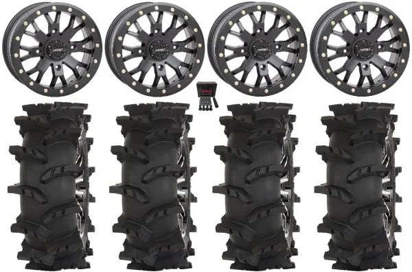 System 3 SB-4 14″ Wheels Black (6+1) 32″ Outlaw Max Tires Kawasaki Mule Pro FXT KRX / Yamaha Wolverine RMAX / YXZ 2019+
