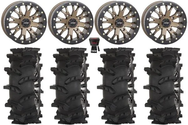 System 3 SB-4 14″ Wheels Bronze (4+3) 32″ Outlaw Max Tires Kawasaki Teryx Mule