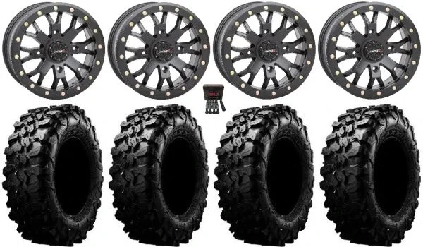 System 3 SB-4 Black (4+3) 15″ Wheels 35″ Carnivore Tires Kawasaki Mule Pro FXT KRX / Yamaha Wolverine RMAX / YXZ 2019+
