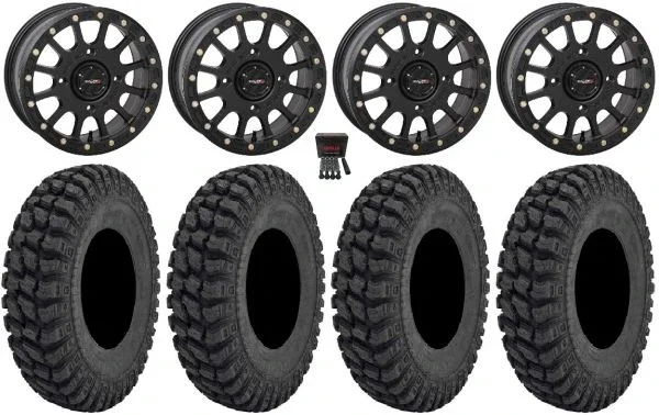 System 3 SB-5 14″ Wheels Black 32″ Warrior AT Tires Kawasaki Mule Pro FXT KRX / Yamaha Wolverine RMAX / YXZ 2019+