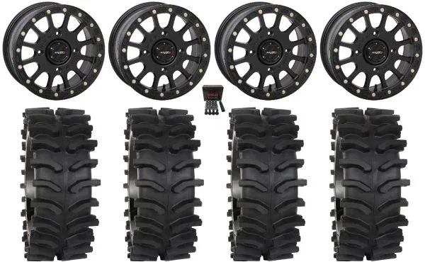 System 3 SB-5 15×10 Wide Wheels Black 30″ XT400W Tires Can-Am Commander Maverick Renegade Outlander Defender