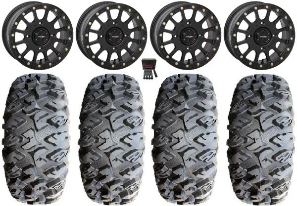 System 3 SB-5 Black 14″ Wheels 28″ MotoClaw Tires Kawasaki Teryx Mule