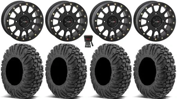 System 3 SB-5 Black 15″ Wheels 32″ MotoVator Tires Can-Am Commander Maverick Renegade Outlander Defender