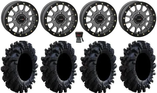 System 3 SB-5 Grey 14″ Wheels 26.5″ Intimidator Tires Kawasaki Mule Pro FXT KRX / Yamaha Wolverine RMAX / YXZ 2019+