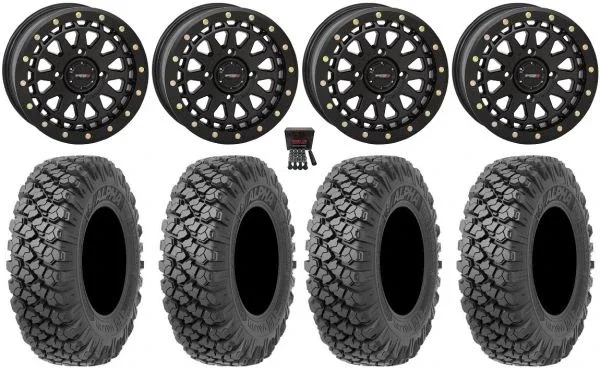 System 3 SB-6 15″ Wheels Black (4+3) 35″ Alpha Soft Tires Can-Am Commander Maverick Renegade Outlander Defender