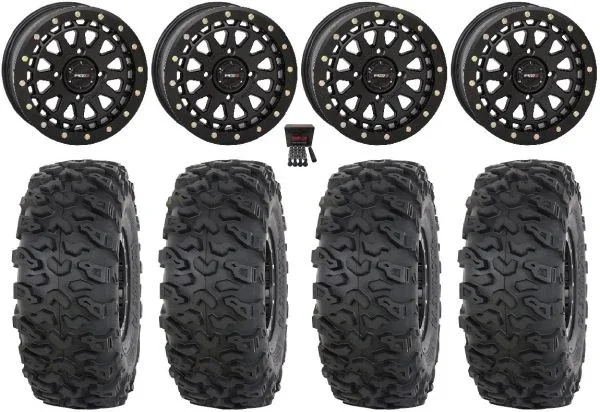 System 3 SB-6 15″ Wheels Black (5+2) 35″ Roctane T4 Tires Kawasaki Mule Pro FXT KRX / Yamaha Wolverine RMAX / YXZ 2019+