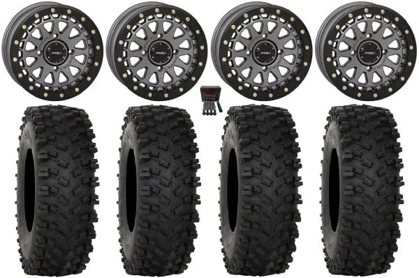 System 3 SB-6 15″ Wheels Gunmetal (5+2) 37″ ATX470 Tires Kawasaki Mule Pro FXT KRX / Yamaha Wolverine RMAX / YXZ 2019+