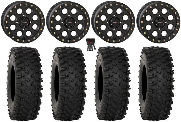 System 3 SB-7 14″ Wheels Black (4+3) 28″ ATX470 Tires Kawasaki Mule Pro FXT KRX / Yamaha Wolverine RMAX / YXZ 2019+